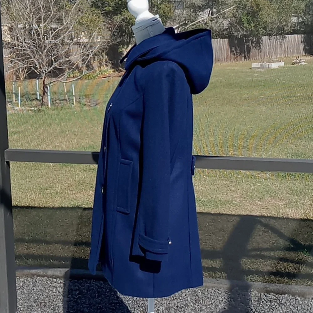 St. John's Bay Women's Navy Wool Blend Coat With Removable Hood Size Petite Med